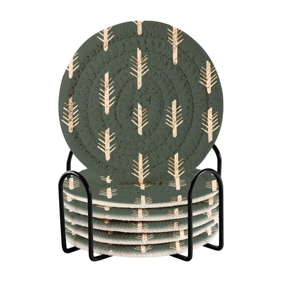 Yayeee 6 PCS Drink Coasters with Holder Set Woven Absorbent Round Tabletop Hot Pad, Beige Plants