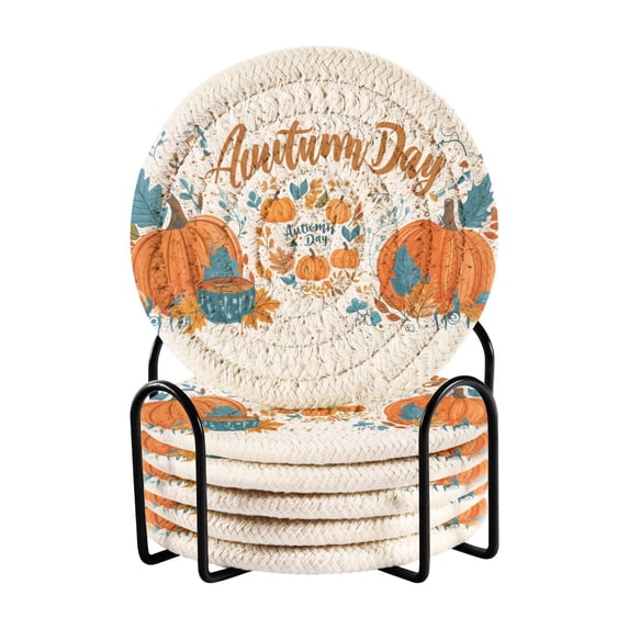 Yayeee 6 PCS Drink Coasters with Holder Set Woven Absorbent Round Tabletop Hot Pad, Big Pumpkins