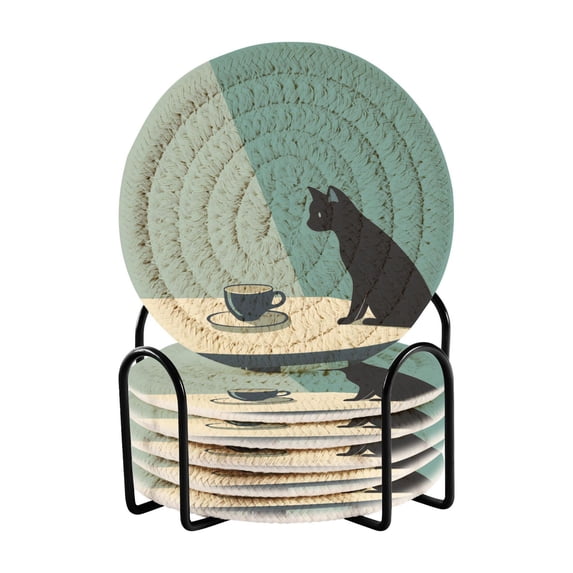 Yayeee 6 PCS Drink Coasters with Holder Set Woven Absorbent Round Tabletop Hot Pad, Black Cat