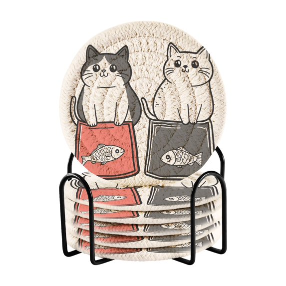 Yayeee 6 PCS Drink Coasters with Holder Set Woven Absorbent Round Tabletop Hot Pad, Black Chubby Cat