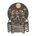 thumbnail image 1 of Yayeee 6 PCS Drink Coasters with Holder Set Woven Absorbent Round Tabletop Hot Pad, Black Halloween Dancing Skeleton, 1 of 7