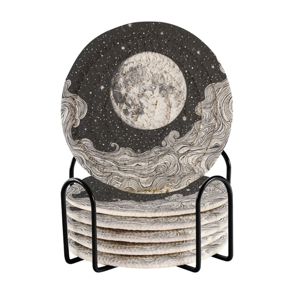 Yayeee 6 PCS Drink Coasters with Holder Set Woven Absorbent Round Tabletop Hot Pad, Black Moon