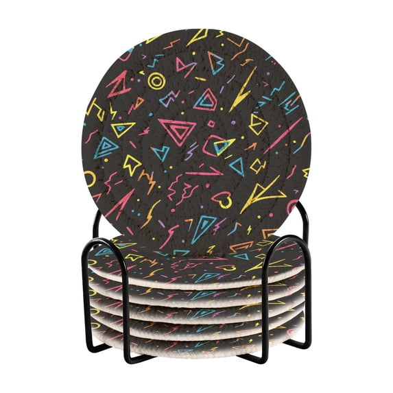 Yayeee 6 PCS Drink Coasters with Holder Set Woven Absorbent Round Tabletop Hot Pad, Black Neon Lightning