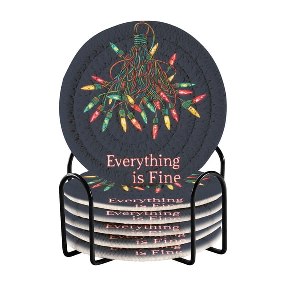 Yayeee 6 PCS Drink Coasters with Holder Set Woven Absorbent Round Tabletop Hot Pad, Blue Christmas Light