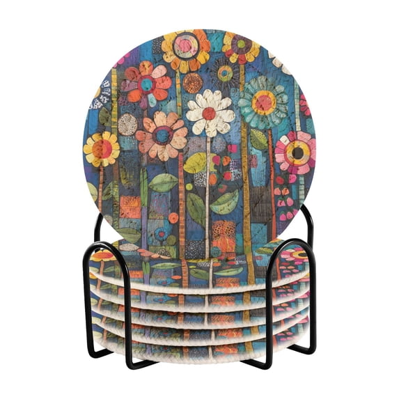 Yayeee 6 PCS Drink Coasters with Holder Set Woven Absorbent Round Tabletop Hot Pad, Blue Colorful Flowers