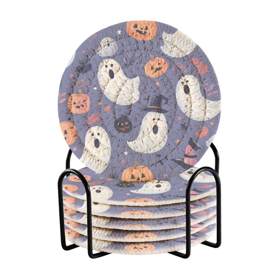 Yayeee 6 PCS Drink Coasters with Holder Set Woven Absorbent Round Tabletop Hot Pad, Blue Cute Halloween