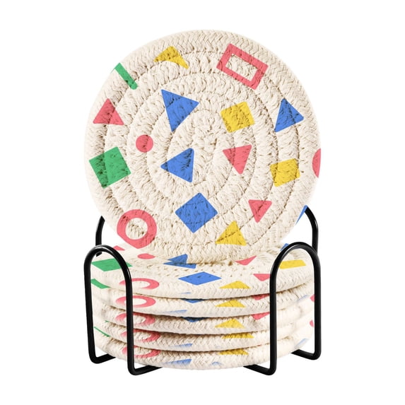 Yayeee 6 PCS Drink Coasters with Holder Set Woven Absorbent Round Tabletop Hot Pad, Blue Retro Triangles