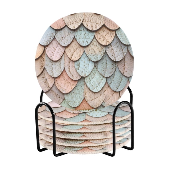 Yayeee 6 PCS Drink Coasters with Holder Set Woven Absorbent Round Tabletop Hot Pad, Blue Shimmering Pattern
