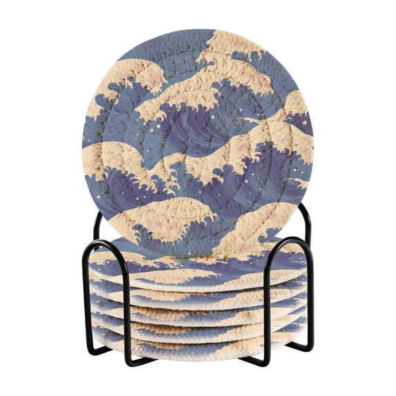 Yayeee 6 PCS Drink Coasters with Holder Set Woven Absorbent Round Tabletop Hot Pad, Blue Wave Pattern