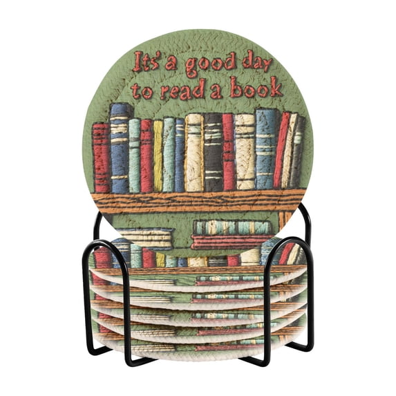 Yayeee 6 PCS Drink Coasters with Holder Set Woven Absorbent Round Tabletop Hot Pad, Brown Book Shelf