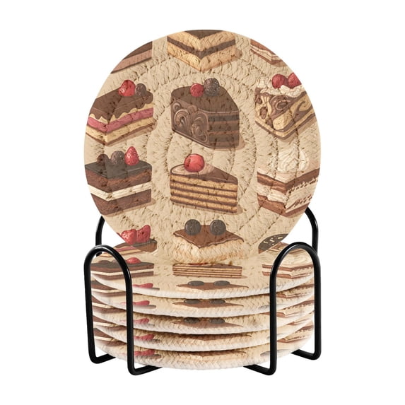 Yayeee 6 PCS Drink Coasters with Holder Set Woven Absorbent Round Tabletop Hot Pad, Brown Cakes