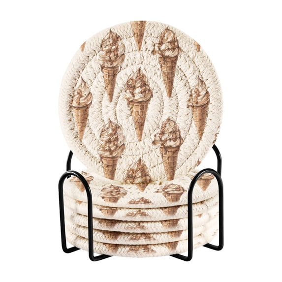 Yayeee 6 PCS Drink Coasters with Holder Set Woven Absorbent Round Tabletop Hot Pad, Brown Ice Cream Pattern