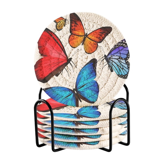 Yayeee 6 PCS Drink Coasters with Holder Set Woven Absorbent Round Tabletop Hot Pad, Butterfly