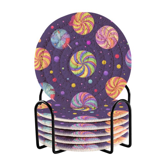 Yayeee 6 PCS Drink Coasters with Holder Set Woven Absorbent Round Tabletop Hot Pad, Candy Cosmic Swirls