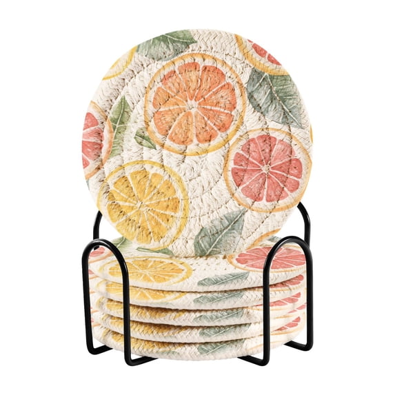 Yayeee 6 PCS Drink Coasters with Holder Set Woven Absorbent Round Tabletop Hot Pad, Candy Grapefruit Slices