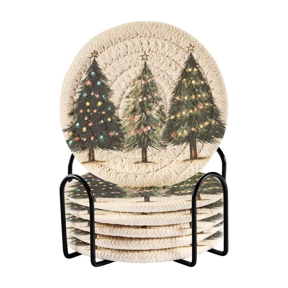 Yayeee 6 PCS Drink Coasters with Holder Set Woven Absorbent Round Tabletop Hot Pad, Cartoon Christmas Trees