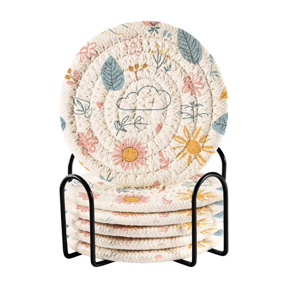 Yayeee 6 PCS Drink Coasters with Holder Set Woven Absorbent Round Tabletop Hot Pad, Cartoon Doodles