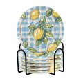thumbnail image 1 of Yayeee 6 PCS Drink Coasters with Holder Set Woven Absorbent Round Tabletop Hot Pad, Cartoon Plaid Lemon, 1 of 7