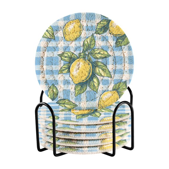 Yayeee 6 PCS Drink Coasters with Holder Set Woven Absorbent Round Tabletop Hot Pad, Cartoon Plaid Lemon