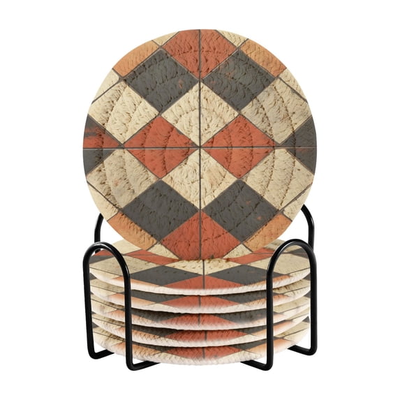 Yayeee 6 PCS Drink Coasters with Holder Set Woven Absorbent Round Tabletop Hot Pad, Checkered Pattern