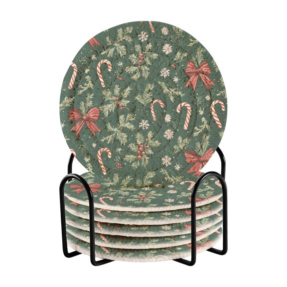 Yayeee 6 PCS Drink Coasters with Holder Set Woven Absorbent Round Tabletop Hot Pad, Christmas Candy Cane