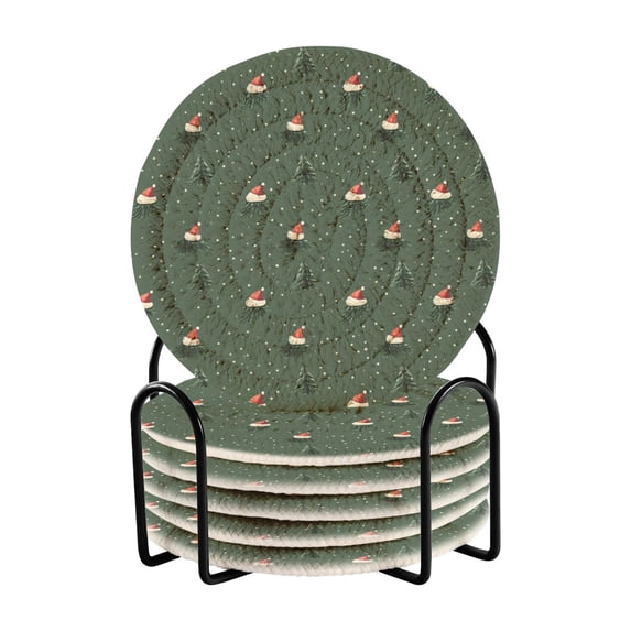 Yayeee 6 PCS Drink Coasters with Holder Set Woven Absorbent Round Tabletop Hot Pad, Christmas Forest