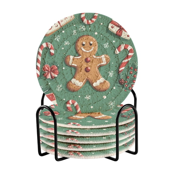 Yayeee 6 PCS Drink Coasters with Holder Set Woven Absorbent Round Tabletop Hot Pad, Christmas Gingerbread
