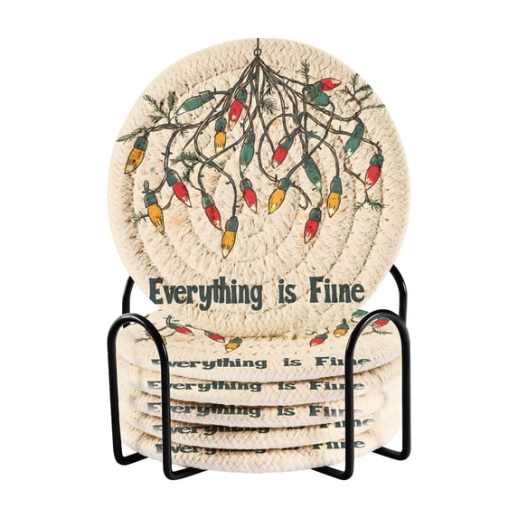 Yayeee 6 PCS Drink Coasters with Holder Set Woven Absorbent Round Tabletop Hot Pad, Christmas Light