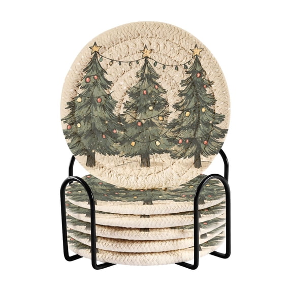 Yayeee 6 PCS Drink Coasters with Holder Set Woven Absorbent Round Tabletop Hot Pad, Christmas Stars