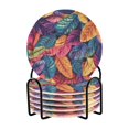 thumbnail image 1 of Yayeee 6 PCS Drink Coasters with Holder Set Woven Absorbent Round Tabletop Hot Pad, Colorful Art Leaves Pattern, 1 of 7