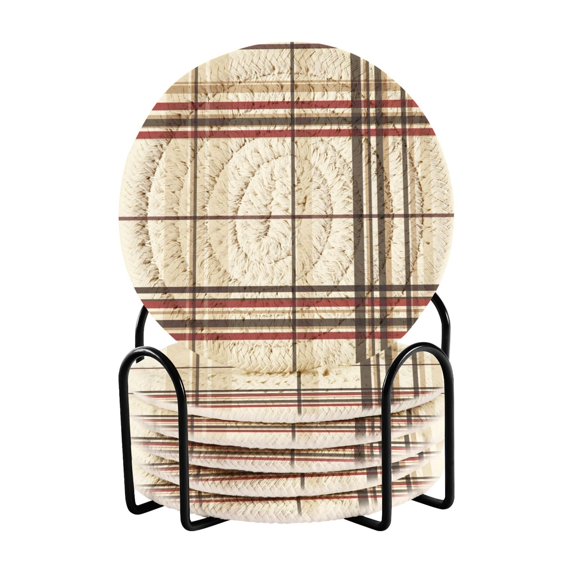 Yayeee 6 PCS Drink Coasters with Holder Set Woven Absorbent Round Tabletop Hot Pad, Cream Plaid