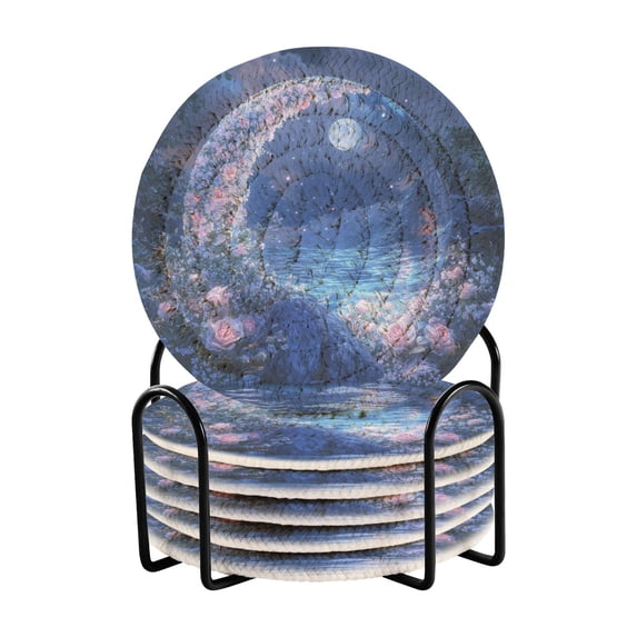 Yayeee 6 PCS Drink Coasters with Holder Set Woven Absorbent Round Tabletop Hot Pad, Crystal Ball