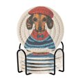 thumbnail image 1 of Yayeee 6 PCS Drink Coasters with Holder Set Woven Absorbent Round Tabletop Hot Pad, Cute Dog Artist, 1 of 7