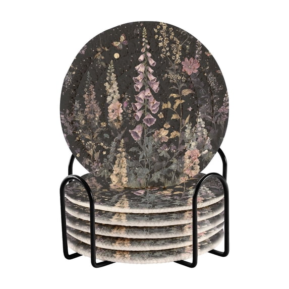 Yayeee 6 PCS Drink Coasters with Holder Set Woven Absorbent Round Tabletop Hot Pad, Dark Flowers Pattern