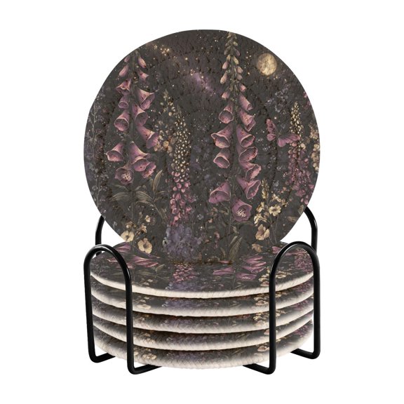 Yayeee 6 PCS Drink Coasters with Holder Set Woven Absorbent Round Tabletop Hot Pad, Dark Gothic Floral