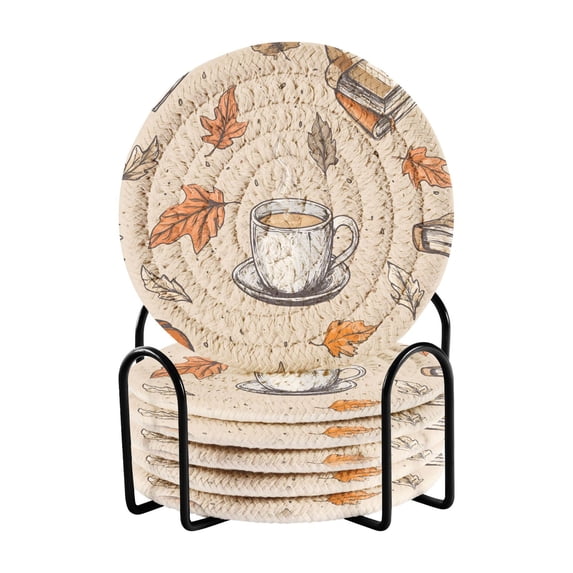 Yayeee 6 PCS Drink Coasters with Holder Set Woven Absorbent Round Tabletop Hot Pad, Fall Coffee