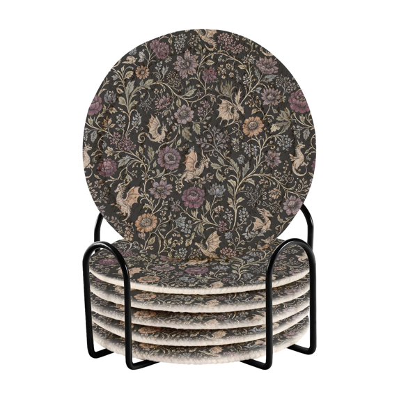 Yayeee 6 PCS Drink Coasters with Holder Set Woven Absorbent Round Tabletop Hot Pad, Floral Dragon Pattern