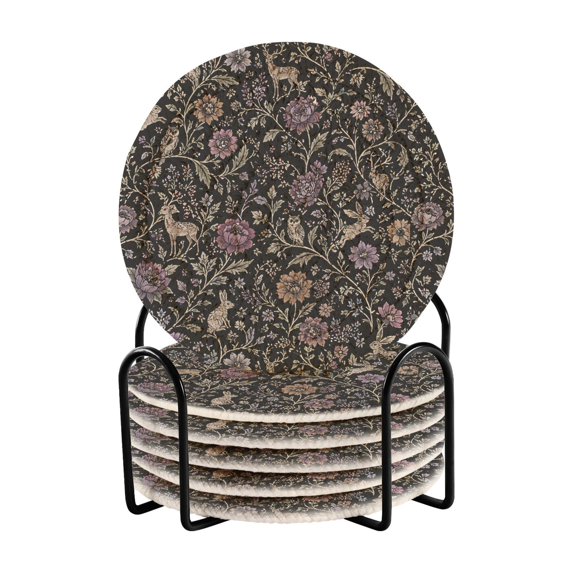 Yayeee 6 PCS Drink Coasters with Holder Set Woven Absorbent Round Tabletop Hot Pad, Floral Forest Pattern
