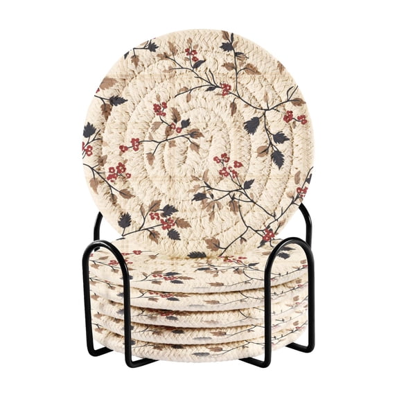 Yayeee 6 PCS Drink Coasters with Holder Set Woven Absorbent Round Tabletop Hot Pad, Floral Plaid