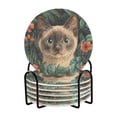 thumbnail image 1 of Yayeee 6 PCS Drink Coasters with Holder Set Woven Absorbent Round Tabletop Hot Pad, Flowers and Cat, 1 of 7