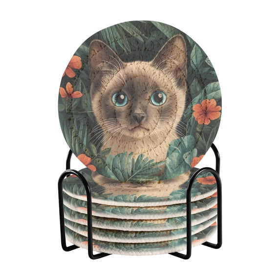Yayeee 6 PCS Drink Coasters with Holder Set Woven Absorbent Round Tabletop Hot Pad, Flowers and Cat