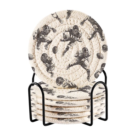 Yayeee 6 PCS Drink Coasters with Holder Set Woven Absorbent Round Tabletop Hot Pad, Football Player Pattern