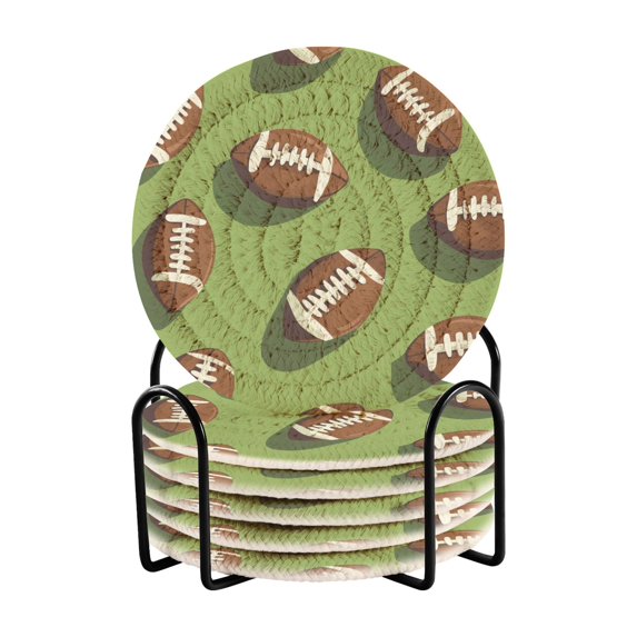 Yayeee 6 PCS Drink Coasters with Holder Set Woven Absorbent Round Tabletop Hot Pad, Game Day Footballs