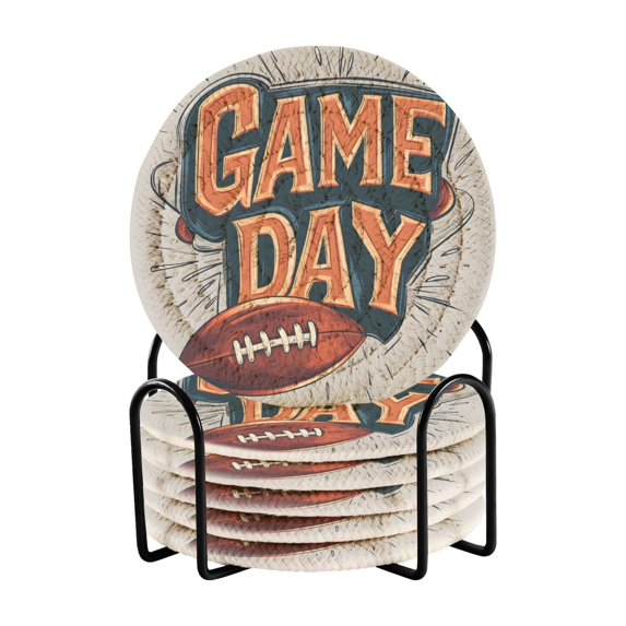 Yayeee 6 PCS Drink Coasters with Holder Set Woven Absorbent Round Tabletop Hot Pad, Game Day