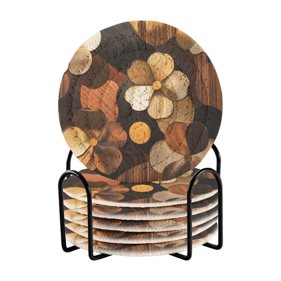 Yayeee 6 PCS Drink Coasters with Holder Set Woven Absorbent Round Tabletop Hot Pad, Gold Flower