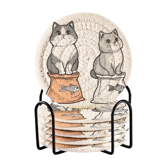 Yayeee 6 PCS Drink Coasters with Holder Set Woven Absorbent Round Tabletop Hot Pad, Gray Cute Chubby Cat