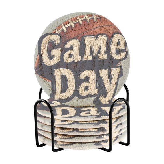 Yayeee 6 PCS Drink Coasters with Holder Set Woven Absorbent Round Tabletop Hot Pad, Gray Game Day