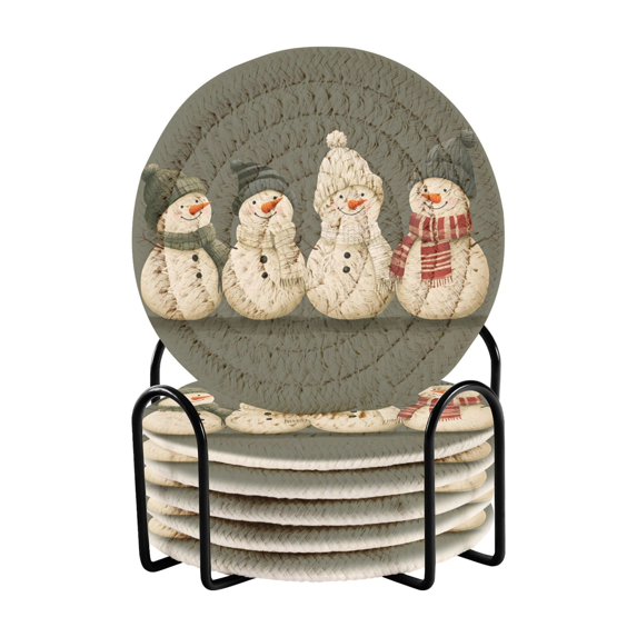 Yayeee 6 PCS Drink Coasters with Holder Set Woven Absorbent Round Tabletop Hot Pad, Gray Snowmen