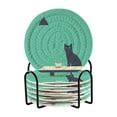 thumbnail image 1 of Yayeee 6 PCS Drink Coasters with Holder Set Woven Absorbent Round Tabletop Hot Pad, Green Cat, 1 of 7