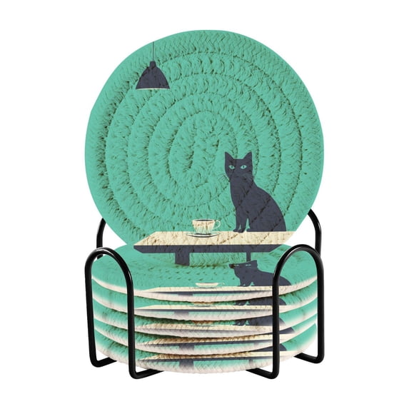 Yayeee 6 PCS Drink Coasters with Holder Set Woven Absorbent Round Tabletop Hot Pad, Green Cat